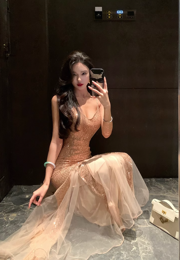 Vestido de fiesta francés retro de malla con lentejuelas ED01187