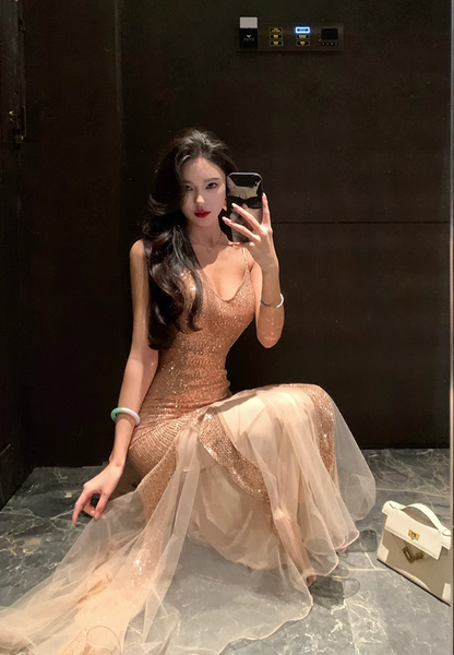 Vestido de fiesta francés retro de malla con lentejuelas ED01187