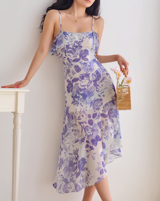 Vestido retro francés con volantes en el bajo, estampado floral morado y tirantes ED01189