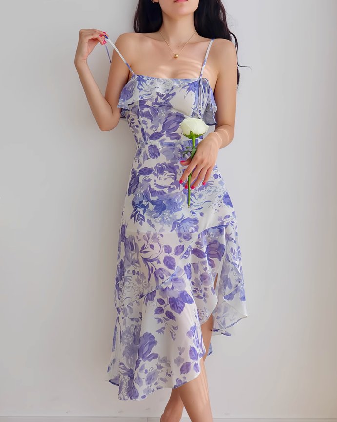 Vestido retro francés con volantes en el bajo, estampado floral morado y tirantes ED01189