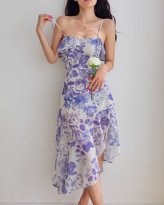 Vestido retro francés con volantes en el bajo, estampado floral morado y tirantes ED01189