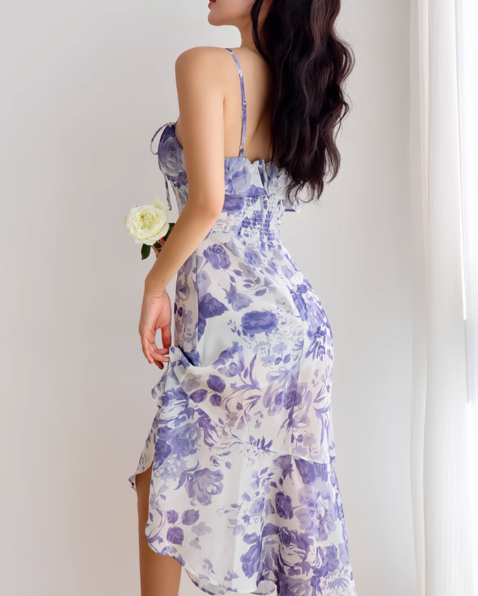 Vestido retro francés con volantes en el bajo, estampado floral morado y tirantes ED01189