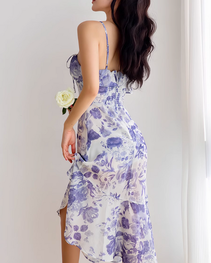 Vestido retro francés con volantes en el bajo, estampado floral morado y tirantes ED01189