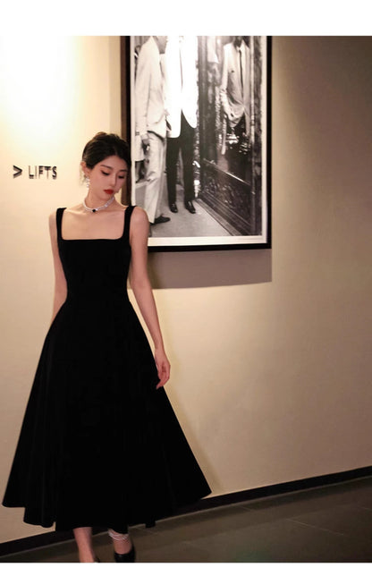 Vestido de terciopelo burdeos estilo retro francés con escote cuadrado y corte A para cumpleaños y graduación ED01193