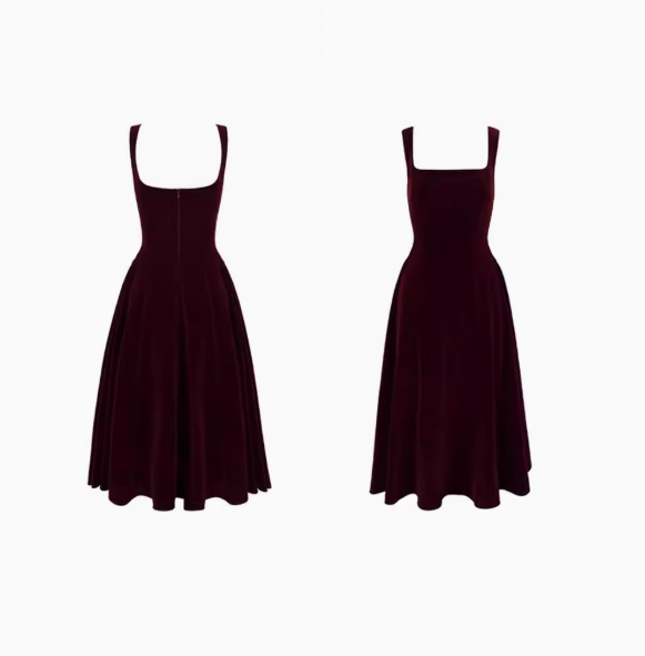 Vestido de terciopelo burdeos estilo retro francés con escote cuadrado y corte A para cumpleaños y graduación ED01193