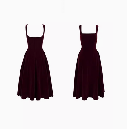 Vestido de terciopelo burdeos estilo retro francés con escote cuadrado y corte A para cumpleaños y graduación ED01193