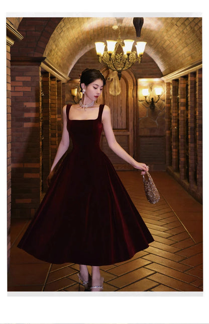 Vestido de terciopelo burdeos estilo retro francés con escote cuadrado y corte A para cumpleaños y graduación ED01193