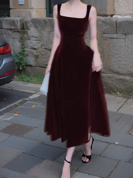 Vestido de terciopelo burdeos estilo retro francés con escote cuadrado y corte A para cumpleaños y graduación ED01193