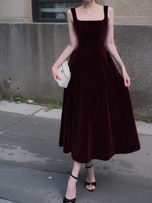 Vestido de terciopelo burdeos estilo retro francés con escote cuadrado y corte A para cumpleaños y graduación ED01193