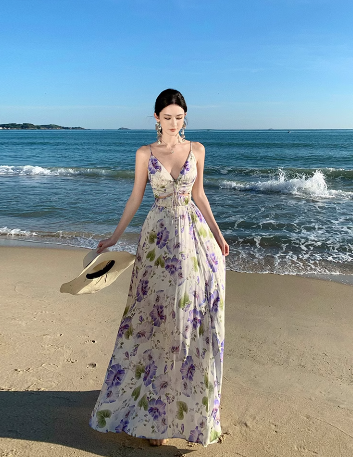 Vestido vintage morado con cuello en V y tirantes estampados ED01195