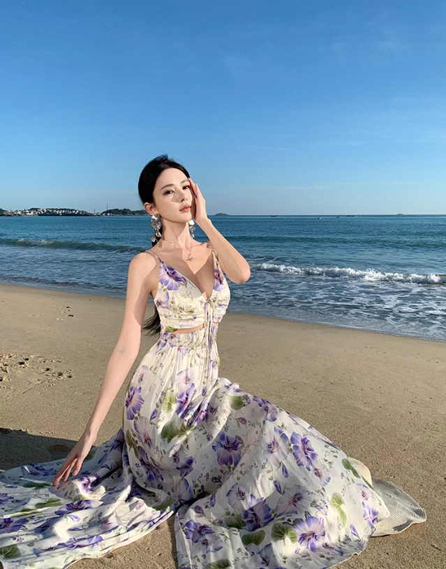 Vestido vintage morado con cuello en V y tirantes estampados ED01195