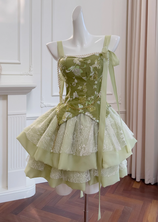 Vestido de fiesta corto verde oliva con encaje, lentejuelas y corte en A, ED01198