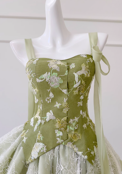 Vestido de fiesta corto verde oliva con encaje, lentejuelas y corte en A, ED01198