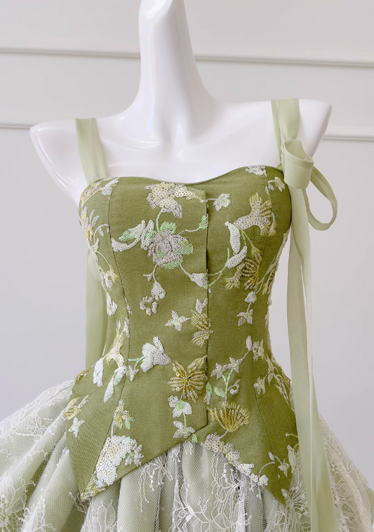 Vestido de fiesta corto verde oliva con encaje, lentejuelas y corte en A, ED01198