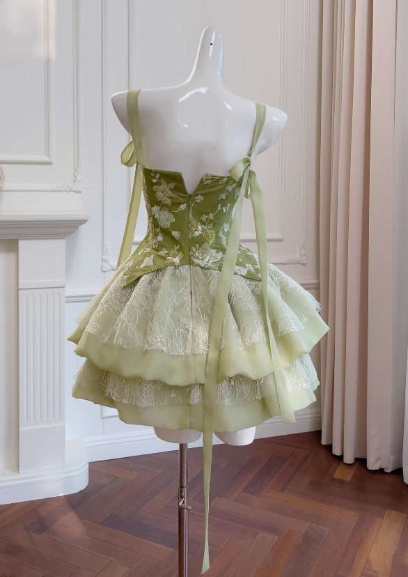 Vestido de fiesta corto verde oliva con encaje, lentejuelas y corte en A, ED01198