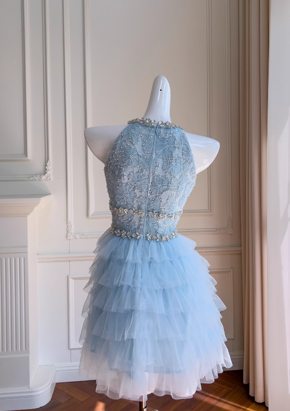Vestido de fiesta corto de tul azul con cuentas y corte en A, vestido de fiesta azul ED01199