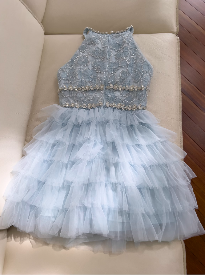 Vestido de fiesta corto de tul azul con cuentas y corte en A, vestido de fiesta azul ED01199