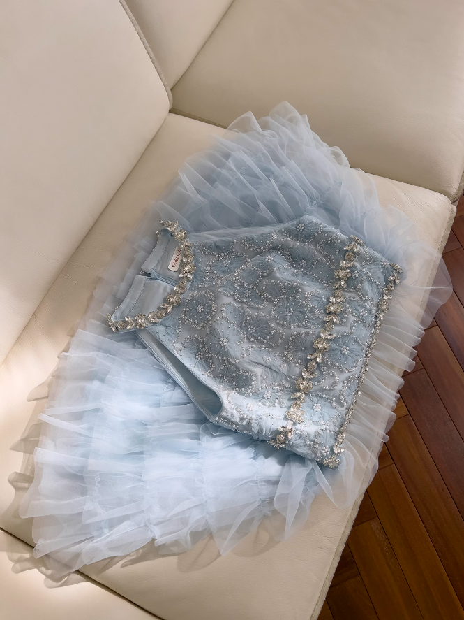 Vestido de fiesta corto de tul azul con cuentas y corte en A, vestido de fiesta azul ED01199