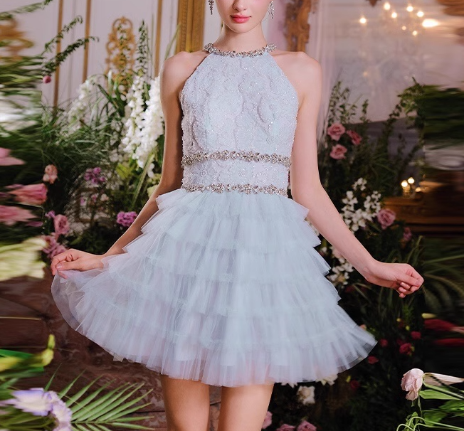 Vestido de fiesta corto de tul azul con cuentas y corte en A, vestido de fiesta azul ED01199