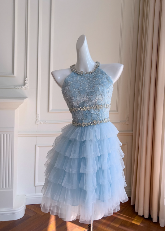 Vestido de fiesta corto de tul azul con cuentas y corte en A, vestido de fiesta azul ED01199