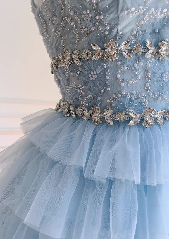 Vestido de fiesta corto de tul azul con cuentas y corte en A, vestido de fiesta azul ED01199