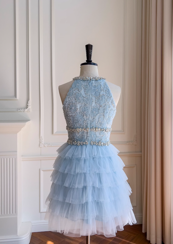 Vestido de fiesta corto de tul azul con cuentas y corte en A, vestido de fiesta azul ED01199