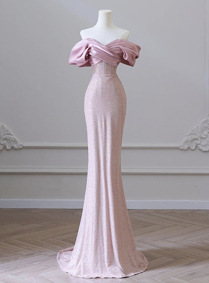 Vestido de fiesta largo con hombros descubiertos y corte sirena rosa, vestido de fiesta formal rosa ED01208