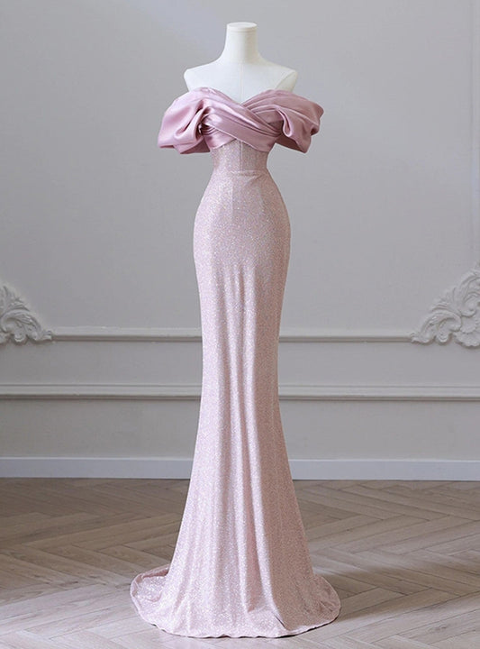 Vestido de fiesta largo con hombros descubiertos y corte sirena rosa, vestido de fiesta formal rosa ED01208