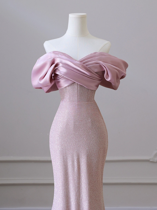 Vestido de fiesta largo con hombros descubiertos y corte sirena rosa, vestido de fiesta formal rosa ED01208