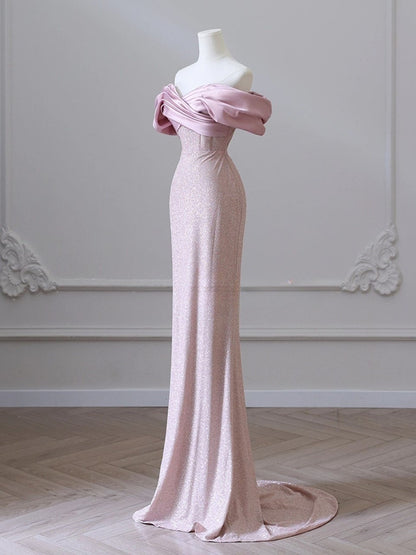 Vestido de fiesta largo con hombros descubiertos y corte sirena rosa, vestido de fiesta formal rosa ED01208