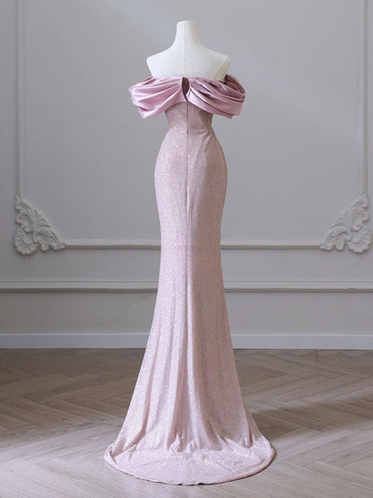 Vestido de fiesta largo con hombros descubiertos y corte sirena rosa, vestido de fiesta formal rosa ED01208