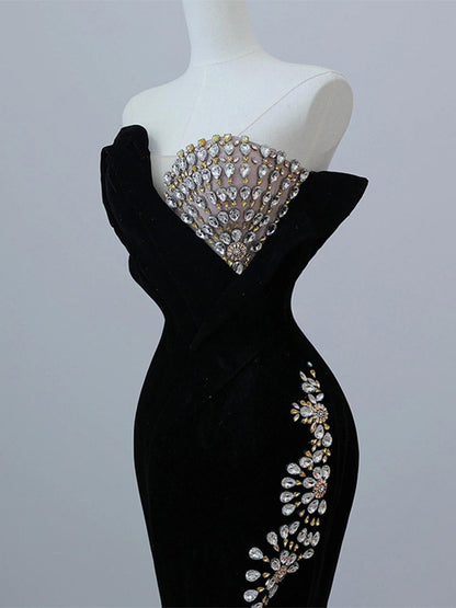 Vestido de fiesta largo de terciopelo negro sin tirantes y cristales, vestido formal ED01209