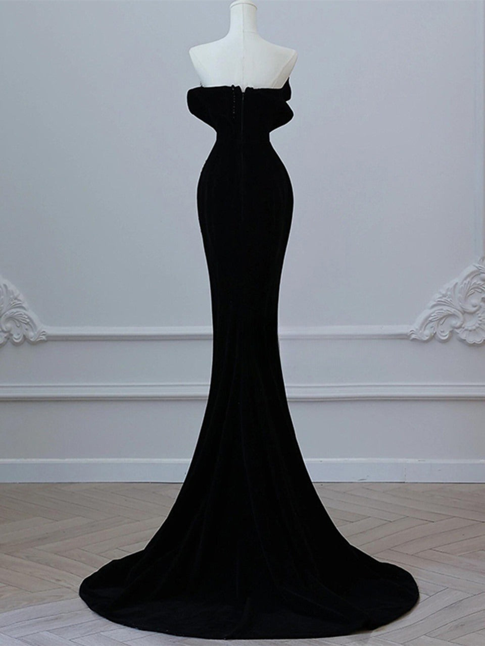 Vestido de fiesta largo de terciopelo negro sin tirantes y cristales, vestido formal ED01209