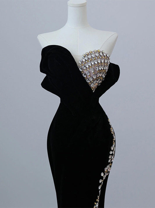 Vestido de fiesta largo de terciopelo negro sin tirantes y cristales, vestido formal ED01209