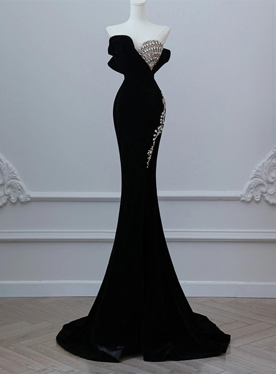 Vestido de fiesta largo de terciopelo negro sin tirantes y cristales, vestido formal ED01209