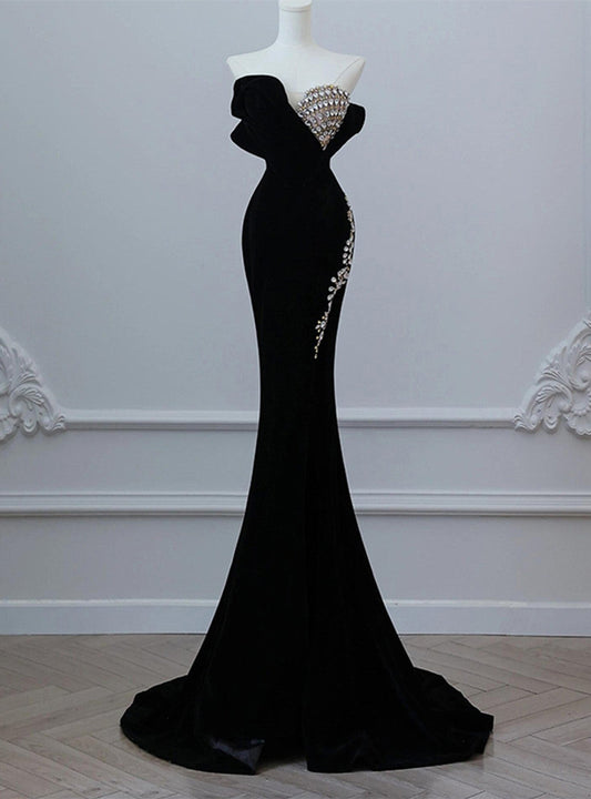 Vestido de fiesta largo de terciopelo negro sin tirantes y cristales, vestido formal ED01209