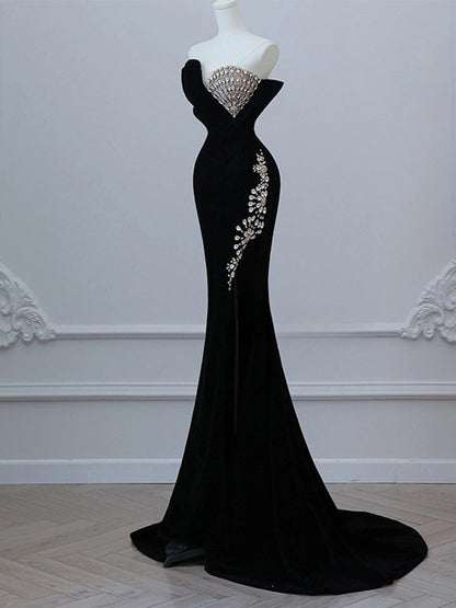Vestido de fiesta largo de terciopelo negro sin tirantes y cristales, vestido formal ED01209