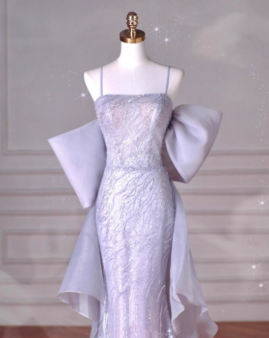 Vestido largo de fiesta de sirena morado con tirantes finos de tul y lentejuelas, vestido formal ED01210