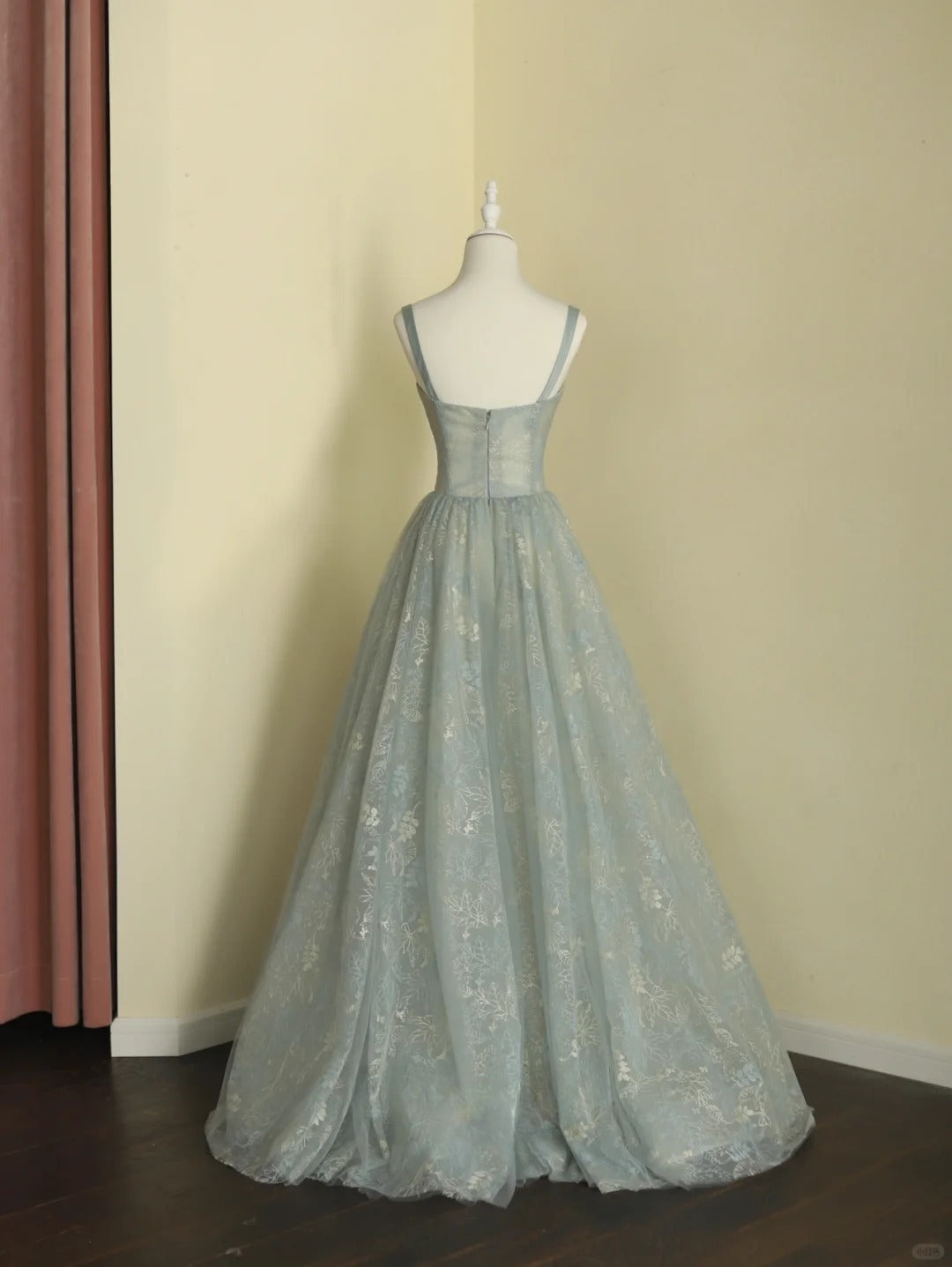 Chic Spaghetti Straps A-line Embroidery Satin Tulle Long Prom Dresses,Sweet 16 Dress With Appliqué ED01211