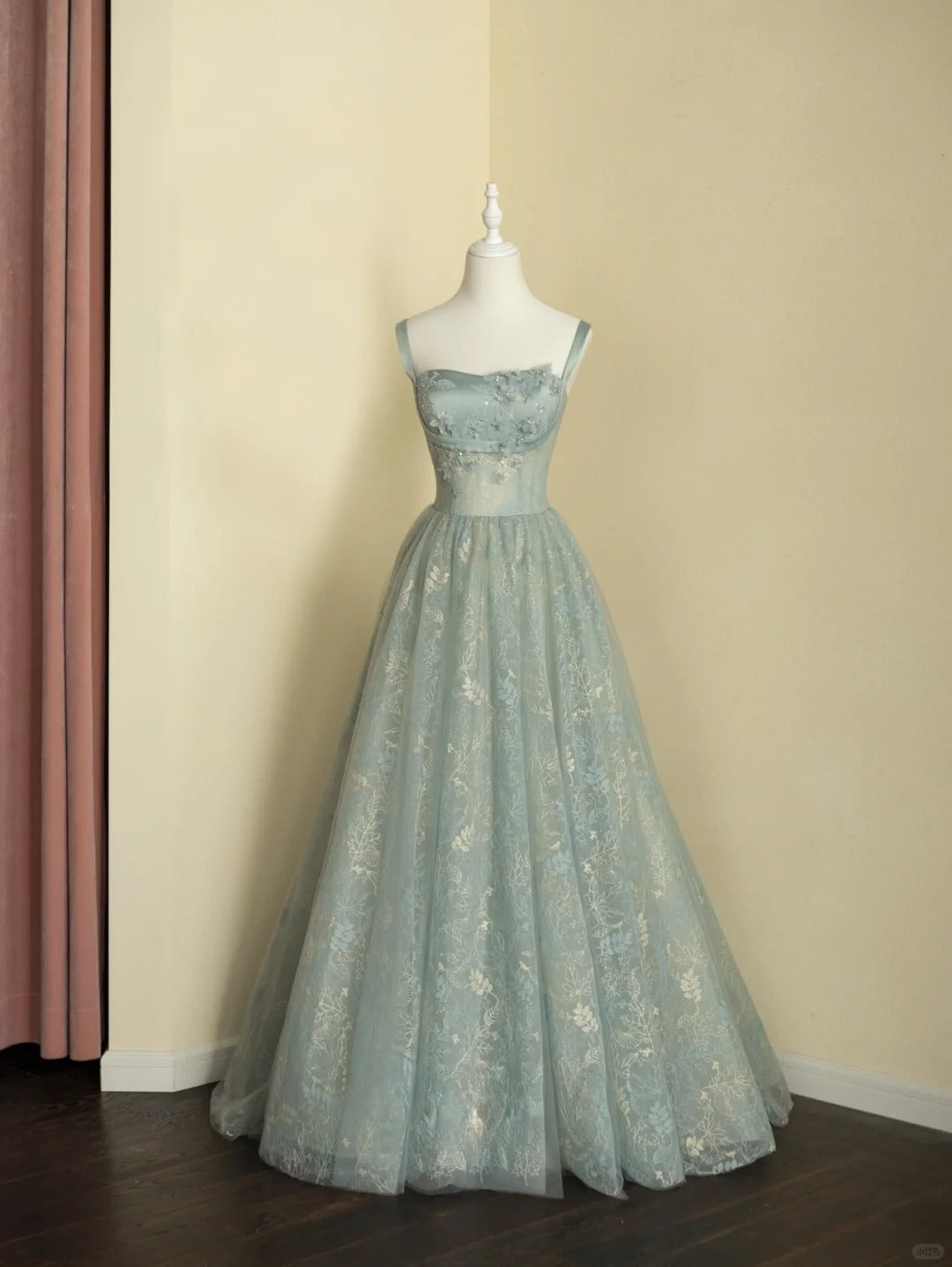 Chic Spaghetti Straps A-line Embroidery Satin Tulle Long Prom Dresses,Sweet 16 Dress With Appliqué ED01211