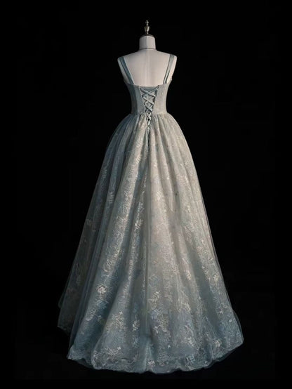 Chic Spaghetti Straps A-line Embroidery Satin Tulle Long Prom Dresses,Sweet 16 Dress With Appliqué ED01211