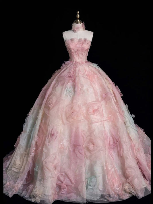 Vestido de fiesta largo de tul rosa sin tirantes, corte A, vestido formal dulce rosa ED01216