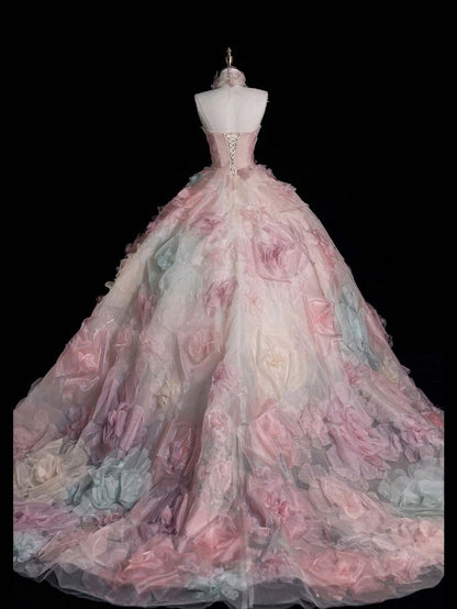 Vestido de fiesta largo de tul rosa sin tirantes, corte A, vestido formal dulce rosa ED01216