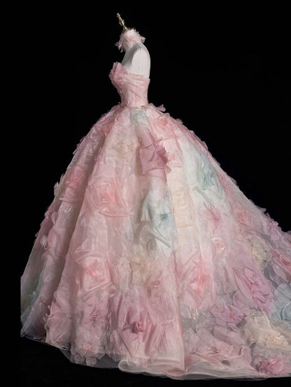 Vestido de fiesta largo de tul rosa sin tirantes, corte A, vestido formal dulce rosa ED01216