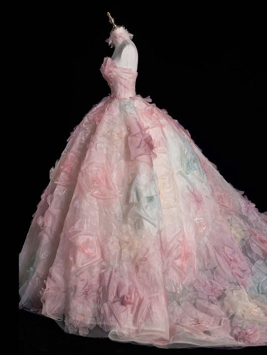 Vestido de fiesta largo de tul rosa sin tirantes, corte A, vestido formal dulce rosa ED01216