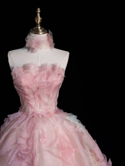 Vestido de fiesta largo de tul rosa sin tirantes, corte A, vestido formal dulce rosa ED01216