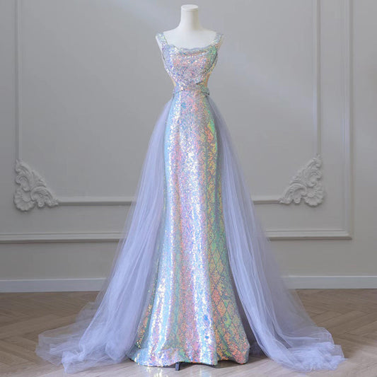 Elegante vestido de fiesta largo de sirena con tul espagueti y lentejuelas, vestido formal largo azul ED01213