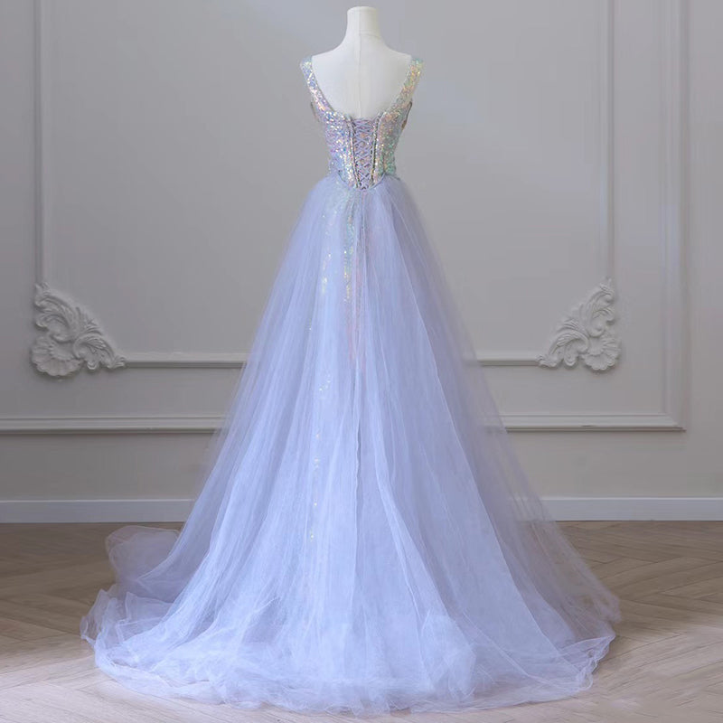 Elegante vestido de fiesta largo de sirena con tul espagueti y lentejuelas, vestido formal largo azul ED01213