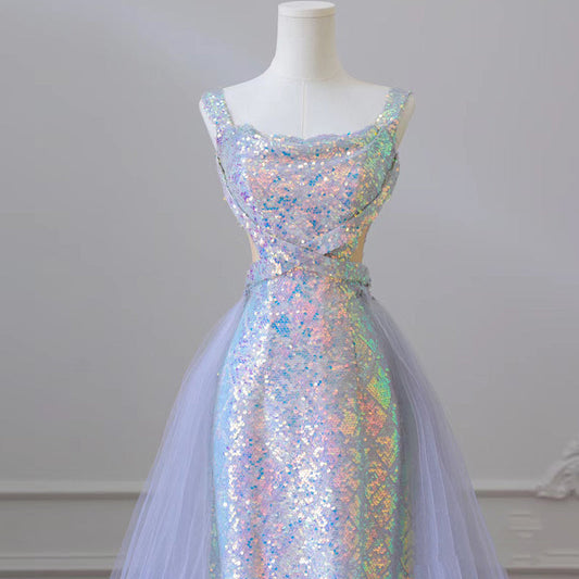 Elegante vestido de fiesta largo de sirena con tul espagueti y lentejuelas, vestido formal largo azul ED01213