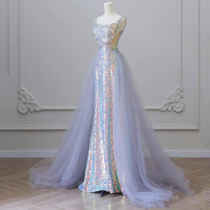Elegante vestido de fiesta largo de sirena con tul espagueti y lentejuelas, vestido formal largo azul ED01213